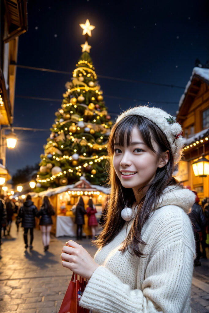 クリスマスの夜。広場のセンターに大きなクリスマスツリーの前でニットのセータを着た笑顔の女性ををstable diffusionのプロンプト・呪文により描かれたリアルなAI生成画像。