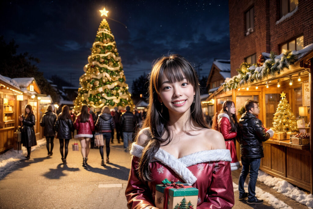 クリスマスの夜。広場のセンターに大きなクリスマスツリーの前で笑顔で立っている女性ををstable diffusionのプロンプト・呪文により描かれたリアルなAI生成画像。