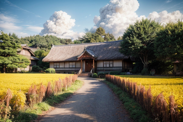 日本の田舎の中心部では、秋が風景を暖かい色と静かな美しさで染め上げます。 曲がりくねった小道を進むと、黄金色に輝く田んぼがどこまでも広がり、そよ風にそよぐ穂が優雅に揺らし、カエデやイチョウの木が赤、オレンジ、黄色の燃えるような色合いに変わり、田園地帯は鮮やかな紅葉の色合いで飾られ、豊かな緑と鮮やかな秋の色彩のコントラストが、自然の芸術性を魅惑的なモザイク状に作り出している風景画をstable diffusionのプロンプト・呪文により描かれたリアルなAI生成画像。