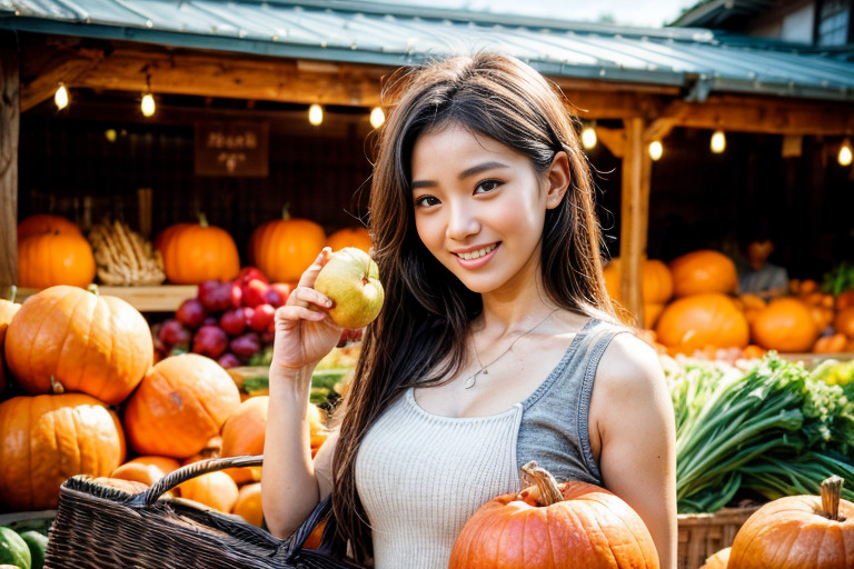 町の隅に広がる野菜市場が、秋の恵みで賑わっている露店には鮮やかな色彩の野菜が積み重ねられ、その中には大地の実りを感じさせるかぼちゃやカボチャ、じゃがいもなどが並ぶ風景を背景に小麦色の肌の長い黒髪女性が手にかぼちゃとジャガイモを持ち、こちらを笑顔で見ているシーンをstable diffusionのプロンプト・呪文により描かれたリアルなAI生成画像が描かれています。