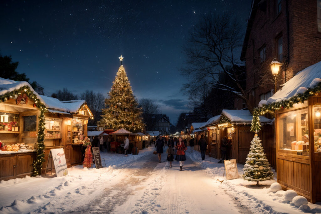 雪が降り積もる広場のセンターに大きなクリスマスツリーの風景をstable diffusionのプロンプト・呪文により描かれたリアルなAI生成画像。