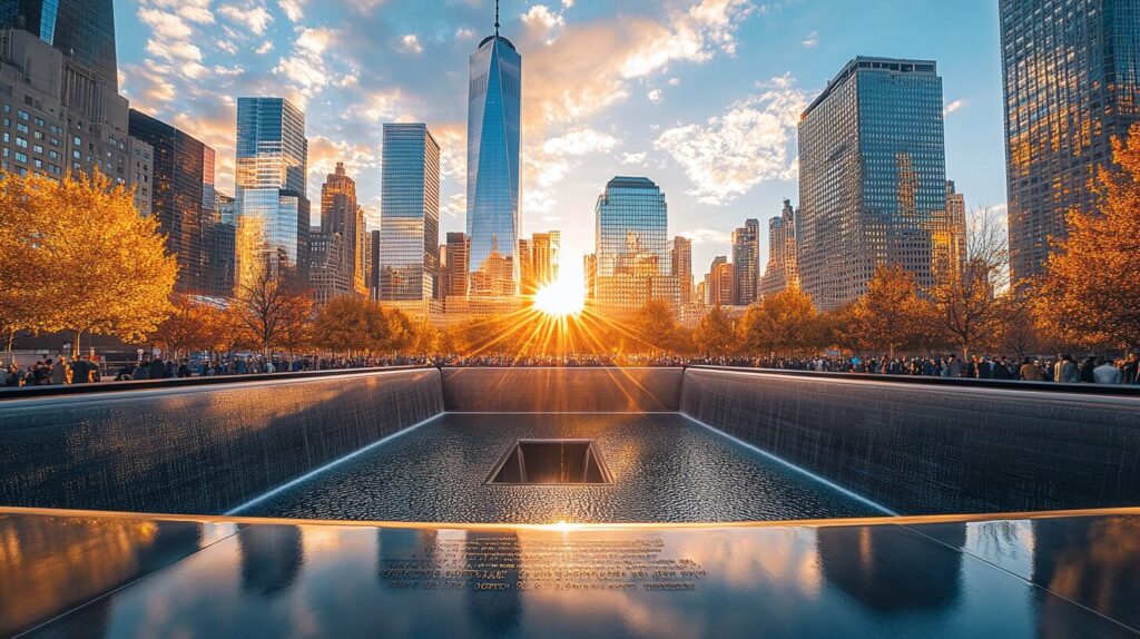 A solemn and respectful image capturing the essence of 9.11 remembrance. The scene features a view of the 9/11 Memorial in New York City, with the reflecting pools and engraved names of the victims, surrounded by the city's skyline under a clear blue sky. Include soft rays of sunlight breaking through clouds, symbolizing hope and reflection. The atmosphere should be quiet and contemplative, with a sense of reverence and honor for the lives lost. 